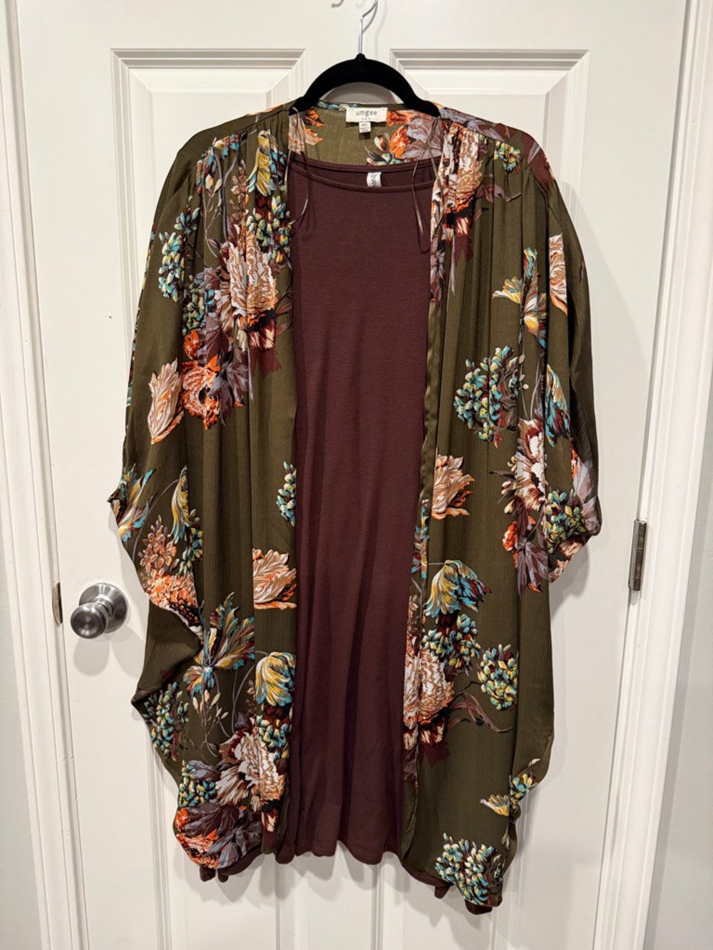 Umgee Floral Olive Kimono with Brown Zenana Dress